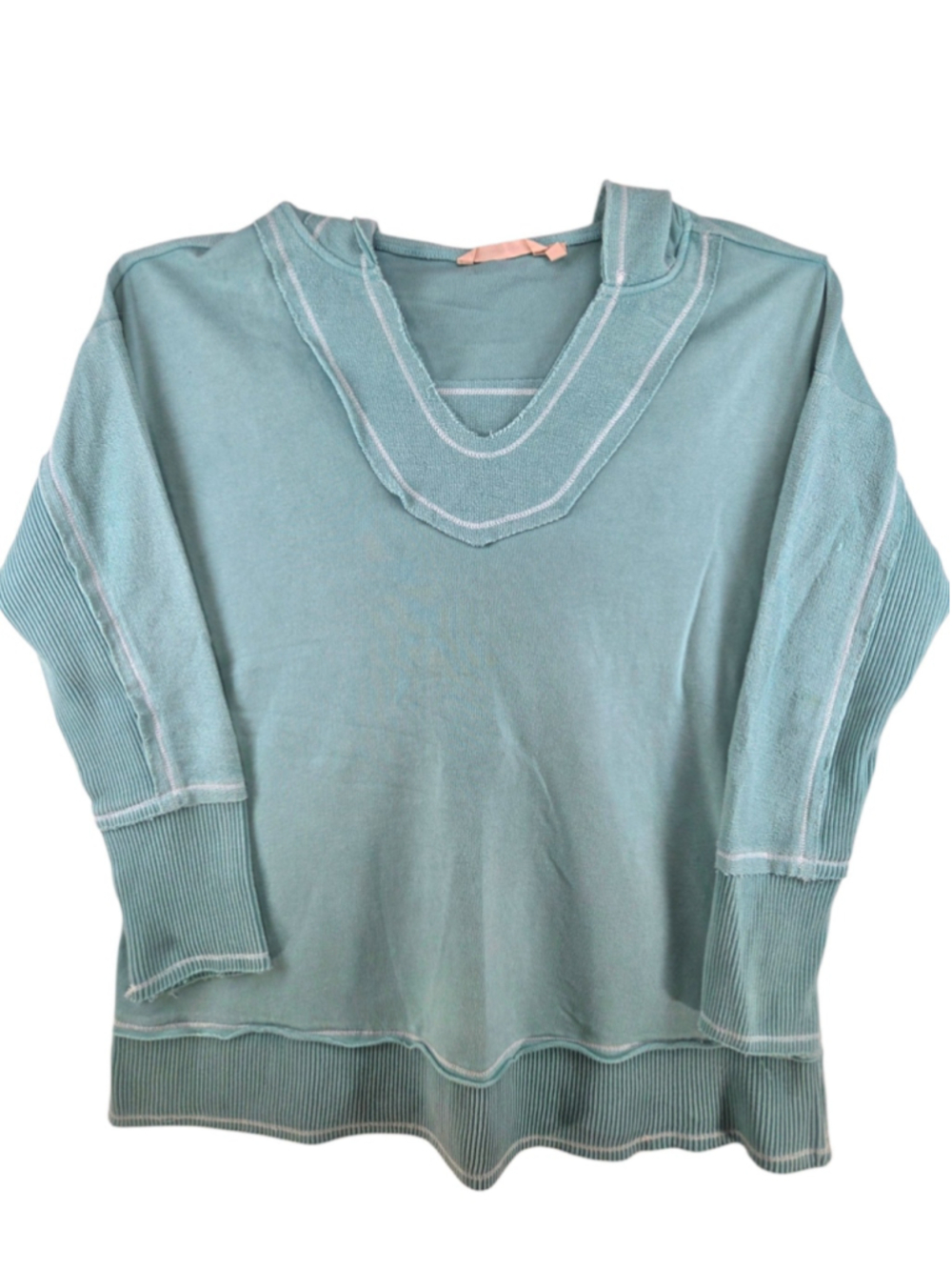 Soft Surroundings Distressed V-neck Hooded Pullover Tunic Washed Aqua Size M